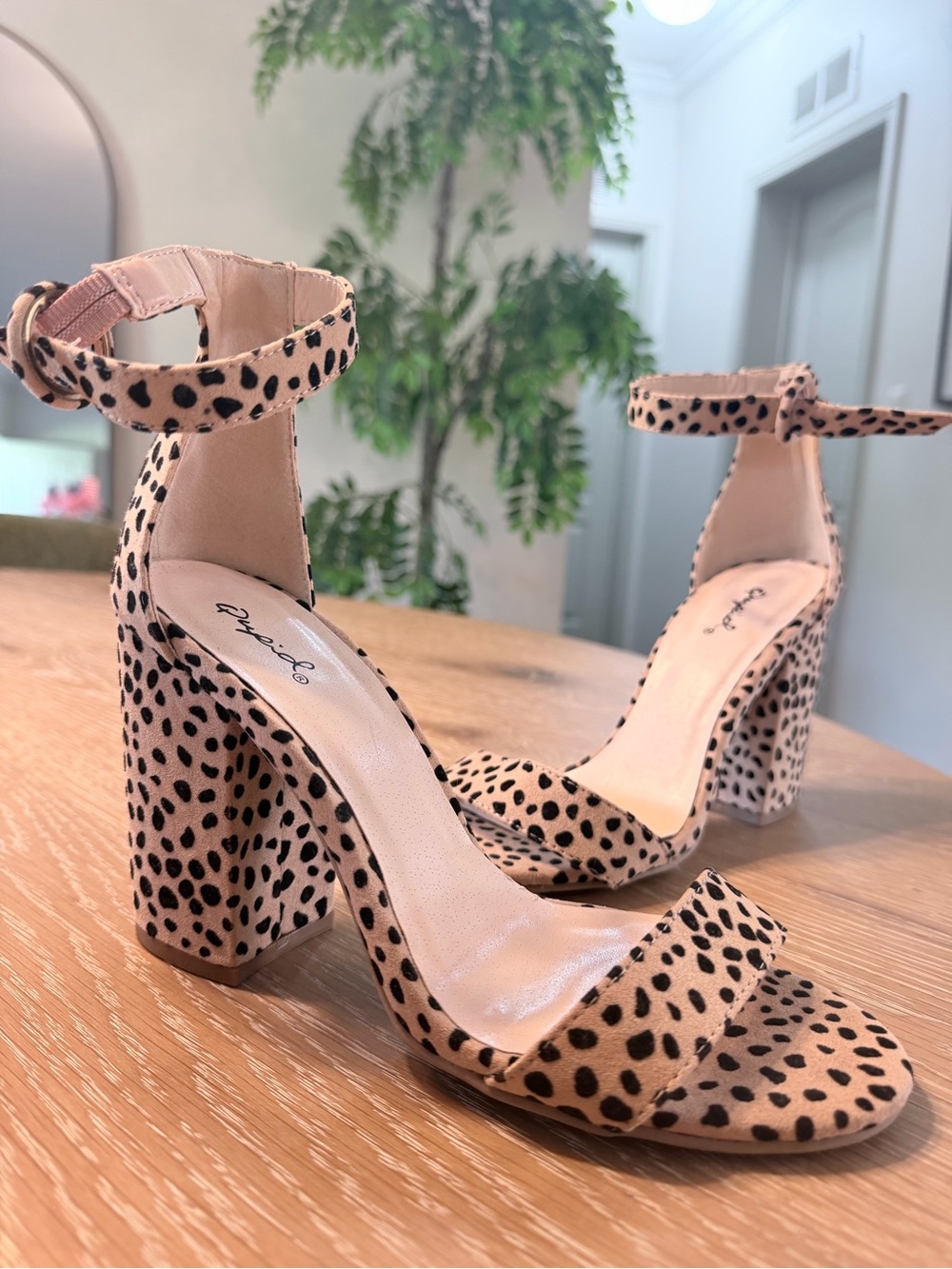 Qupid Leopard Print Ankle-Strap Block Heel Sandals - Beige/Black